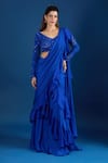Buy_Samyukta Singhania_Blue Chinon Embroidery V-neck Blouse With Ruffled Pre-draped Saree _at_Aza_Fashions
