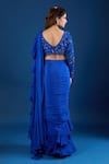 Samyukta Singhania_Blue Chinon Embroidery V-neck Blouse With Ruffled Pre-draped Saree _Online_at_Aza_Fashions