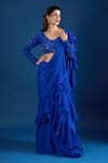 Shop_Samyukta Singhania_Blue Chinon Embroidery V-neck Blouse With Ruffled Pre-draped Saree _Online_at_Aza_Fashions