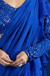 Samyukta Singhania_Blue Chinon Embroidery V-neck Blouse With Ruffled Pre-draped Saree _at_Aza_Fashions