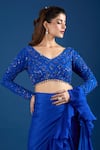 Buy_Samyukta Singhania_Blue Chinon Embroidery V-neck Blouse With Ruffled Pre-draped Saree 