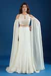 Buy_Samyukta Singhania_Ivory Chinon Embroidery Keyhole Neck Blouse And Skirt Set _at_Aza_Fashions