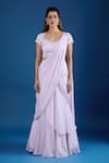 Samyukta Singhania_Lilac Chinon Sequins Square Neck Embroidered Blouse With Pre-draped Saree _at_Aza_Fashions