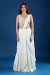 Shop_Samyukta Singhania_Ivory Chinon Embroidery, Mirrors V-neck Blouse With Pre-draped Saree _Online_at_Aza_Fashions