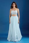 Samyukta Singhania_Blue Chinon Embroidery, Sequins Sweetheart , Open Cape And Skirt Set _at_Aza_Fashions