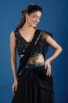 Buy_Samyukta Singhania_Black Chinon Embroidery, Sequins V-neck Blouse With Pre-draped Saree _Online_at_Aza_Fashions