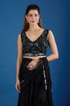 Shop_Samyukta Singhania_Black Chinon Embroidery, Sequins V-neck Blouse With Pre-draped Saree _Online_at_Aza_Fashions