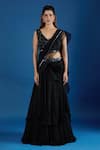 Buy_Samyukta Singhania_Black Chinon Embroidery, Sequins V-neck Blouse With Pre-draped Saree 