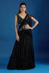 Buy_Samyukta Singhania_Black Chinon Embroidery, Sequins V-neck Blouse With Pre-draped Saree _at_Aza_Fashions
