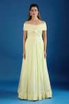 Buy_Samyukta Singhania_Yellow Chinon Cut Work, Sequins Off-shoulder Asymmetric Embroidered Gown _Online_at_Aza_Fashions