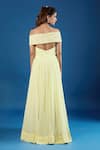 Shop_Samyukta Singhania_Yellow Chinon Cut Work, Sequins Off-shoulder Asymmetric Embroidered Gown _at_Aza_Fashions
