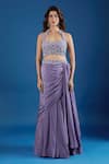 Samyukta Singhania_Purple Chinon Sequins, Embroidery Halter Neck Blouse And Skirt Set _Online_at_Aza_Fashions