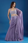Buy_Samyukta Singhania_Purple Chinon Sequins, Embroidery Halter Neck Blouse And Skirt Set _at_Aza_Fashions