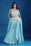 Samyukta Singhania_Blue Chinon Embroidery, Sequins Halter Neck Blouse And Skirt Set _at_Aza_Fashions