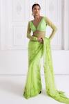 Shop_Premya By Manishii_Green Organza Embroidery V-neck Hand Saree With Blouse _Online_at_Aza_Fashions