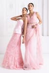 Premya By Manishii_Pink Tulle, Organza, Lace Lace, Embroidery V-neck Floral Saree With Blouse _Online_at_Aza_Fashions