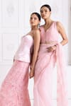 Shop_Premya By Manishii_Pink Tulle, Organza, Lace Lace, Embroidery V-neck Floral Saree With Blouse _Online_at_Aza_Fashions