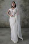 Buy_Premya By Manishii_Ivory Tulle, Organza, Lace Pearls Sweetheart Neck Embroidered Blouse With Saree _at_Aza_Fashions