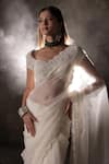 Shop_Premya By Manishii_Ivory Tulle, Organza, Lace Pearls Sweetheart Neck Embroidered Blouse With Saree _Online_at_Aza_Fashions