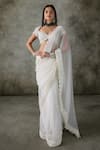 Premya By Manishii_Ivory Tulle, Organza, Lace Pearls Sweetheart Neck Embroidered Blouse With Saree _at_Aza_Fashions