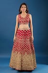 Buy_Samyukta Singhania_Maroon Silk, Net Zari, Sequins Round Neck Embroidered Lehenga Set 