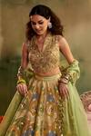 Reeti Arneja - Theklub_Multi Color Chanderi, Brocade, Rangrez Green Geometric Pattern Lehenga Set _Online_at_Aza_Fashions