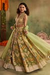 Shop_Reeti Arneja - Theklub_Multi Color Chanderi, Brocade, Rangrez Green Geometric Pattern Lehenga Set _Online_at_Aza_Fashions