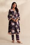 Buy_Roze_Purple Cambric, Cotton, Chiffon Lace V-neck Zareen Printed Kurta Set _at_Aza_Fashions