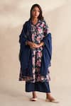 Shop_Roze_Blue Cambric, Cotton, Kota Doria Lace V-neck Afsa Printed Kurta Set _Online_at_Aza_Fashions