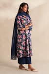 Roze_Blue Cambric, Cotton, Kota Doria Lace V-neck Afsa Printed Kurta Set _at_Aza_Fashions