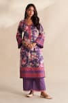 Roze_Purple Cambric, Cotton, Kota Doria V-neck Raisha Kurta Set _Online_at_Aza_Fashions