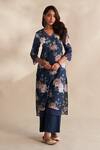Buy_Roze_Blue Cambric, Cotton, Kota Doria Lace, Embroidery V-neck Hania Printed Kurta Set _at_Aza_Fashions