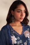 Roze_Blue Cambric, Cotton, Kota Doria Lace, Embroidery V-neck Hania Printed Kurta Set _at_Aza_Fashions