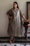 Buy_Shorshe Clothing_Green Tissue Zari Split V-neck Richa Handwoven Kaftan With Pant _at_Aza_Fashions