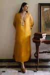 Buy_Shorshe Clothing_Yellow Organza Zari, Embroidery Split V-neck Waahida Kaftan _at_Aza_Fashions