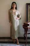 Buy_Shorshe Clothing_Green Organza Zari, Gota Patti V-neck Waahida Embroidered Kaftan _at_Aza_Fashions