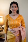 Buy_Shorshe Clothing_Yellow Metallic Thread, Zari V-, Boat Nursat Stripe Pattern Blouse _at_Aza_Fashions