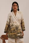 Surkh Syahi_Off White Linen Round Neck Vanya Blazer Palazzo Set _Online_at_Aza_Fashions