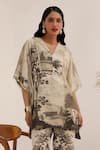 Surkh Syahi_Gray Linen V-neck Vanya Kaftan Set _Online_at_Aza_Fashions