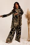 Surkh Syahi_Black Crepe Embroidery Open , Round Gulshan Co-ord Pant Set _Online_at_Aza_Fashions