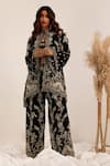 Surkh Syahi_Black Crepe Embroidery Open , Round Gulshan Co-ord Pant Set _at_Aza_Fashions