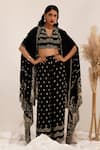 Shop_Surkh Syahi_Black Crepe Embroidery Round Neck, Gulshan Cape Set _Online_at_Aza_Fashions