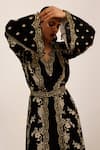 Surkh Syahi_Black Crepe Embroidery V-neck Gulshan Long Jacket Set _Online_at_Aza_Fashions
