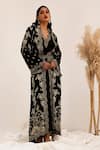 Shop_Surkh Syahi_Black Crepe Embroidery V-neck Gulshan Long Jacket Set _Online_at_Aza_Fashions