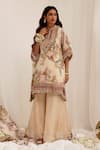 Surkh Syahi_Beige Organza Embroidery, Fringe Mandarin Collar Madhaniya Kaftan Set _Online_at_Aza_Fashions