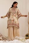 Buy_Surkh Syahi_Beige Organza Embroidery, Fringe Mandarin Collar Madhaniya Kaftan Set _at_Aza_Fashions