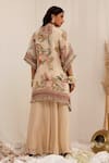 Shop_Surkh Syahi_Beige Organza Embroidery, Fringe Mandarin Collar Madhaniya Kaftan Set _at_Aza_Fashions