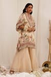 Buy_Surkh Syahi_Beige Organza Embroidery, Fringe Mandarin Collar Madhaniya Kaftan Set _Online_at_Aza_Fashions