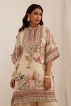 Buy_Surkh Syahi_Beige Organza Embroidery, Fringe Mandarin Collar Madhaniya Kaftan Set 