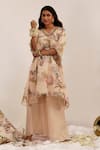 Shop_Surkh Syahi_Beige Organza V-neck Madhaniya A-line Kurta Set _Online_at_Aza_Fashions